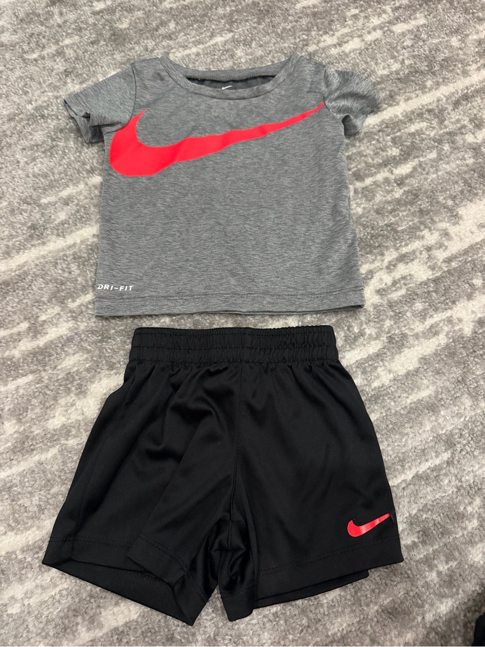 Nike Gray Tee & Black Shorts Set with Red Swoosh
